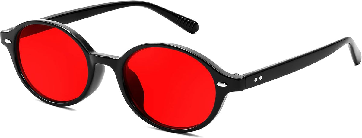 008 Black Frame & Red / 47 Millimeters | B0FHPVS82C | FEISEDY Retro Oval Sunglasses for Women 90s Narrow Round Lightweight Shades Y2k Trendy Sunnies B1171