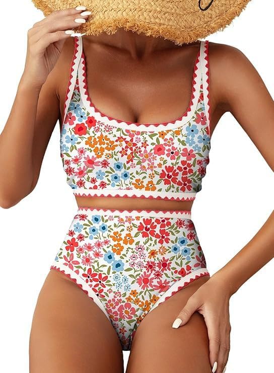 Small / Colorful Floral | B0GWZRB2C5 | High Waisted Bikini Sets for Women, 2 Piece Floral Whip Stitch Slim Fit Swimsuits, Scoop Neck Tummy Control Bathing Suits