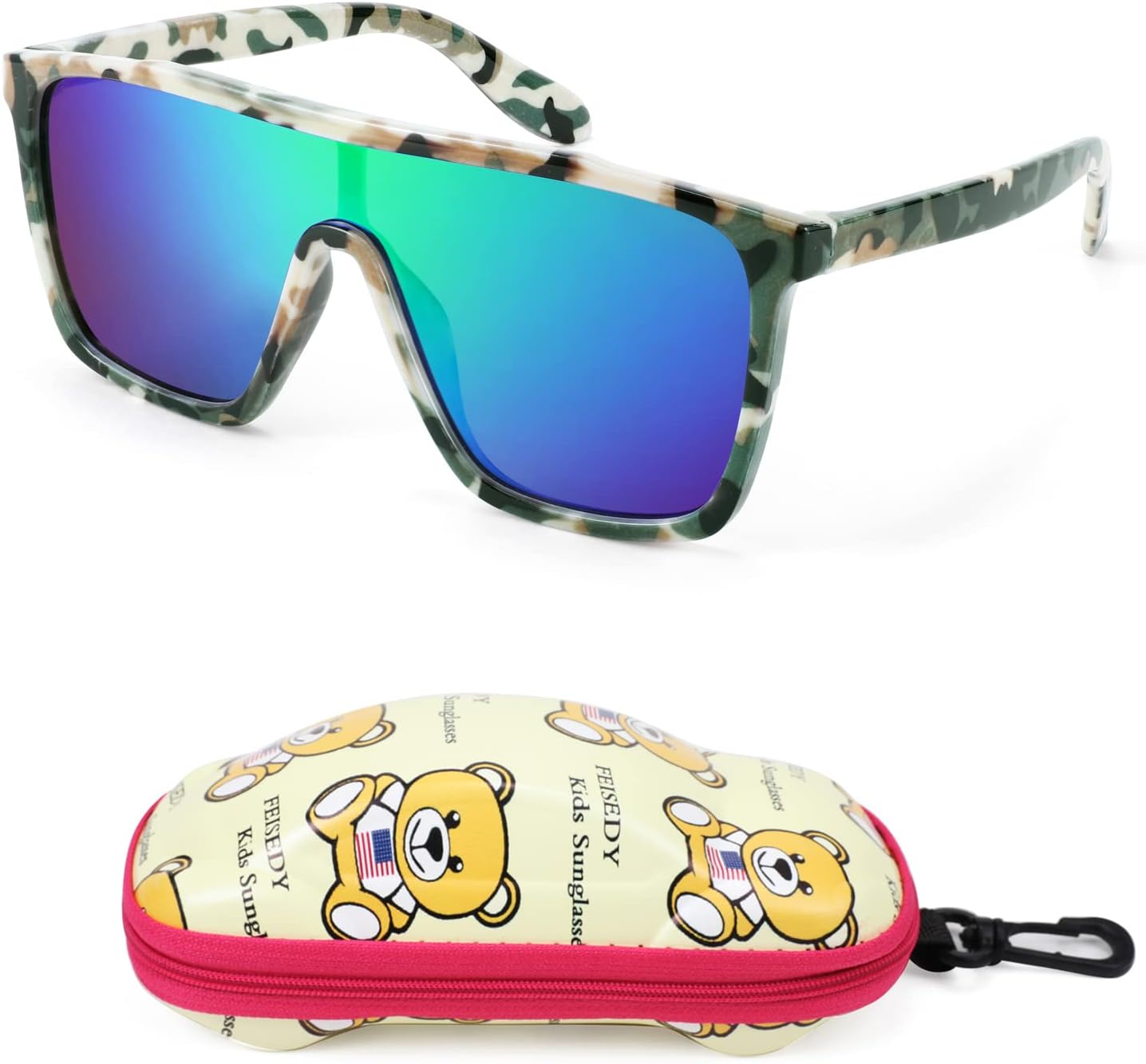 Camouflage Frame & Green Mirror Lens / 55 Millimeters | B09MW19W18 | FEISEDY Kids Sunglasses for Girls Fashion Cute Boys Teenagers Glasses One Piece UV400 B2812