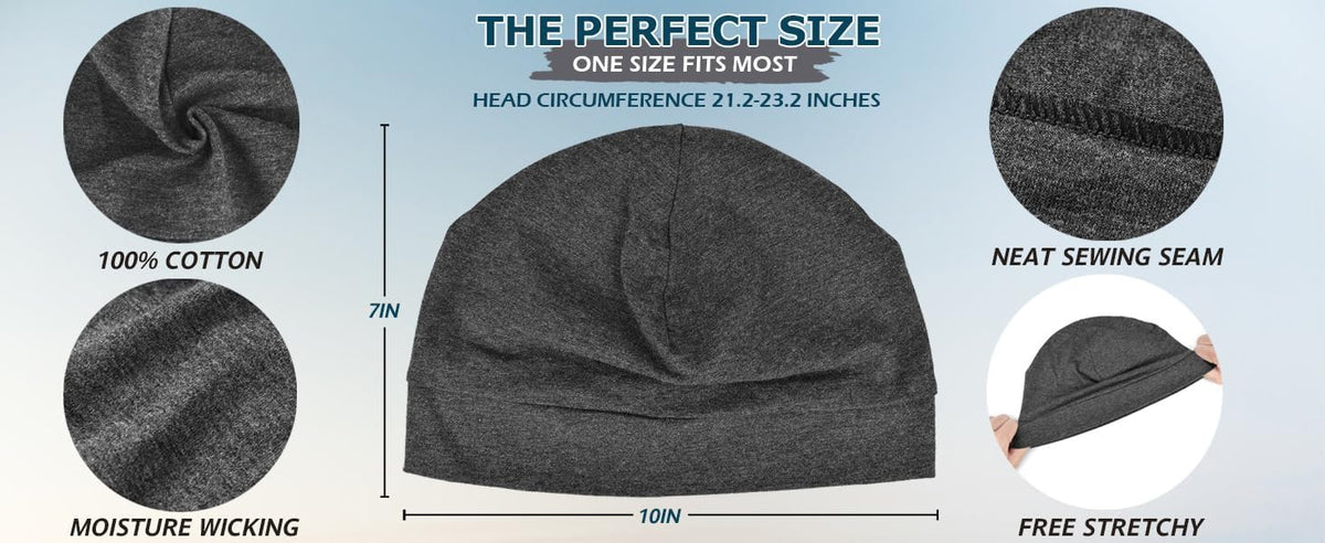 商品图片 5 | B0FSPRSHD6 | Cotton Skull Caps for Men - 2 Pack Beanie Helmets Liner & Sleep Cap, Breathable Warm Stretchy Beanies for Running Sports