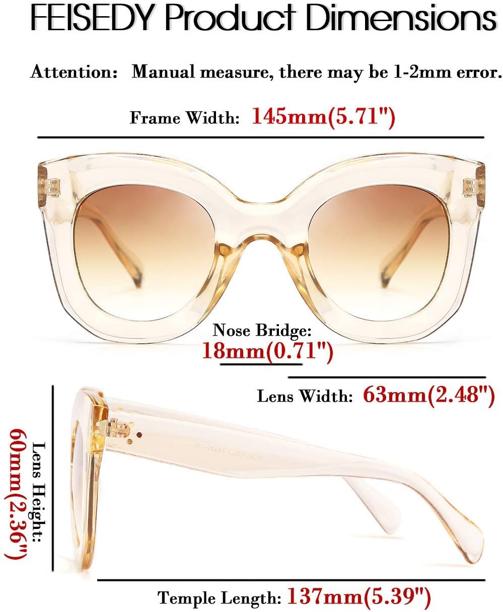 商品图片 31 | B083TZVTXV | FEISEDY Retro Oversized Square Horn Sunglasses Semi Cat Eye Butterfly Glass Big Thick Bold Frame B2572