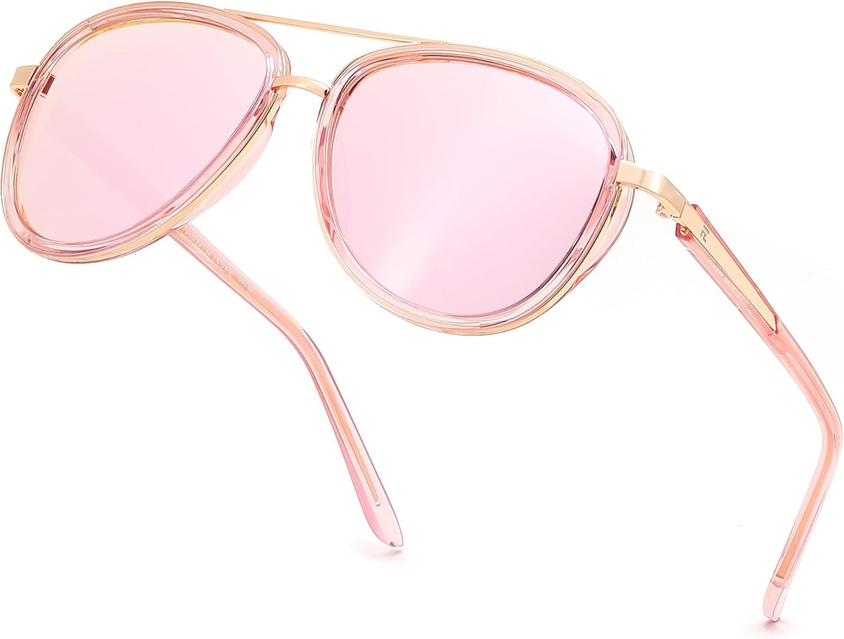Pink/Mirrored Pink / 55 Millimeters | B0FPPNMNBQ | FEISEDY Retro Polarized Aviator Sunglasses for Women Men B0259