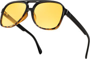 Polarized Black Leopard - Yellow Lens / 60 Millimeters | B0CCRQRJFH | FEISEDY Vintage Retro 70s Plastic Aviator Sunglasses Women Men Classic Large Squared Frame B2751