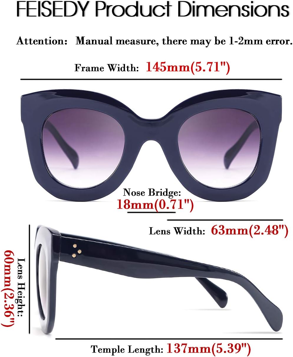 商品图片 24 | B083TZVTXV | FEISEDY Retro Oversized Square Horn Sunglasses Semi Cat Eye Butterfly Glass Big Thick Bold Frame B2572