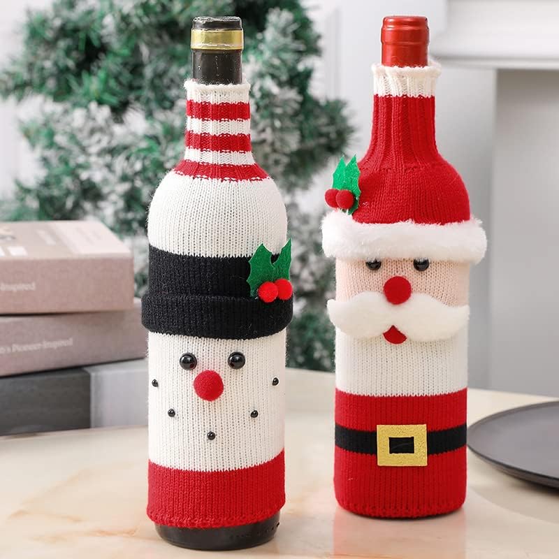 商品图片 2 | B0FWX7QLDR | Christmas Bottle Knit Covers, Festive Knit Wine Bottle Cozy with Santa & Snowman Holly Decor, for Holiday Parties & Gifts