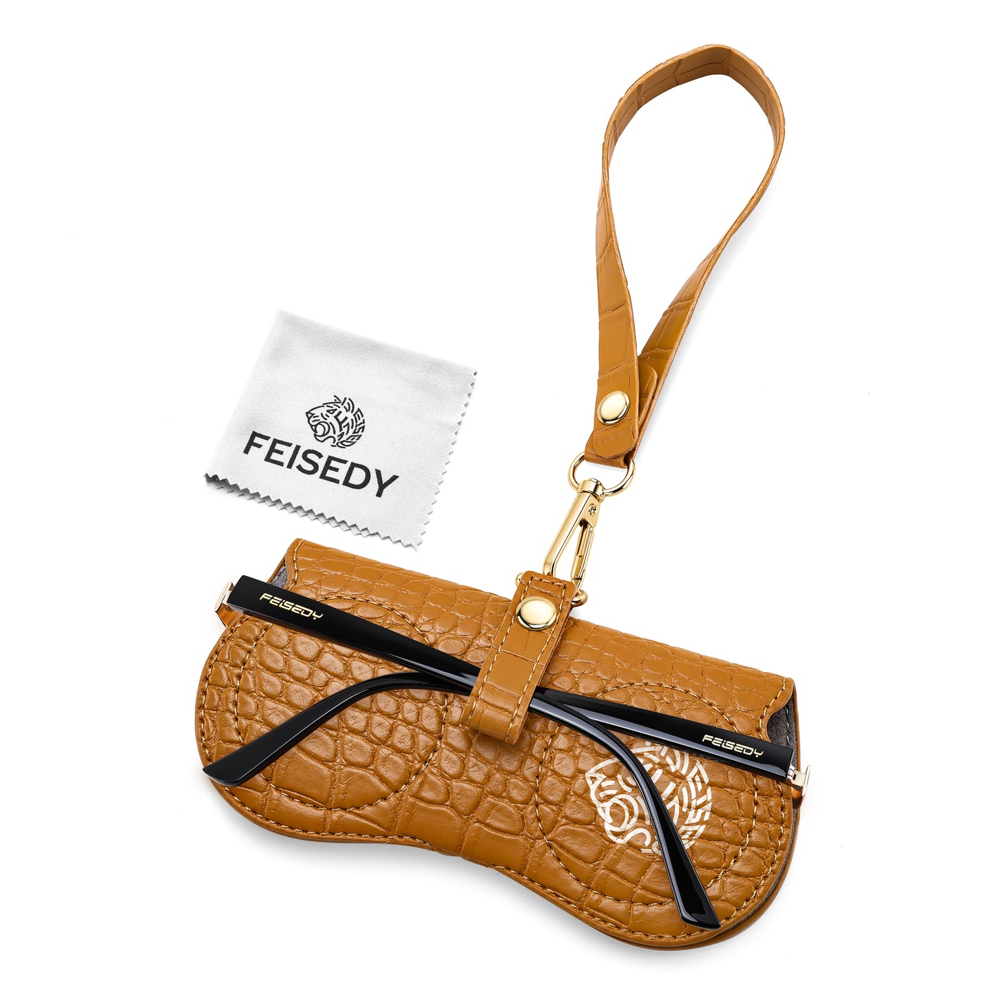 FEISEDY Soft Crocodile Textured Leather Sunglass Bag, Portable Glasses Pouch With Button Clip Wrist Strap B0366