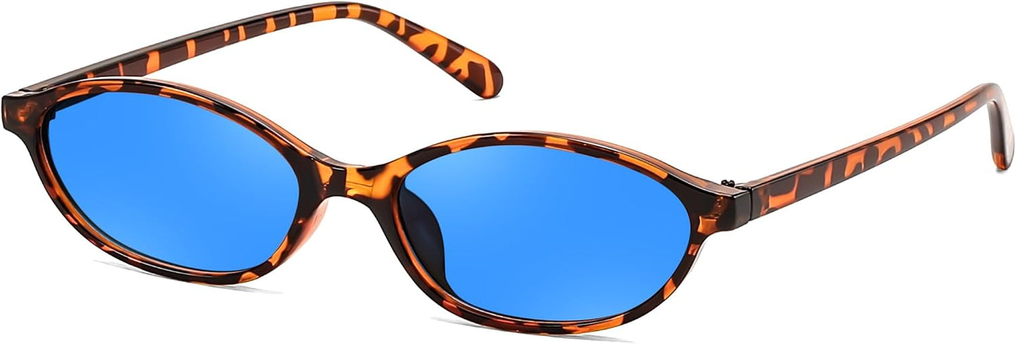 Tortoise/Blue / 54 Millimeters | B0FQ5SL1GR | FEISEDY Retro Oval Cat Eye Sunglasses for Women 90s Narrow Lightweight Shades Y2k Trendy Sunnies B0257