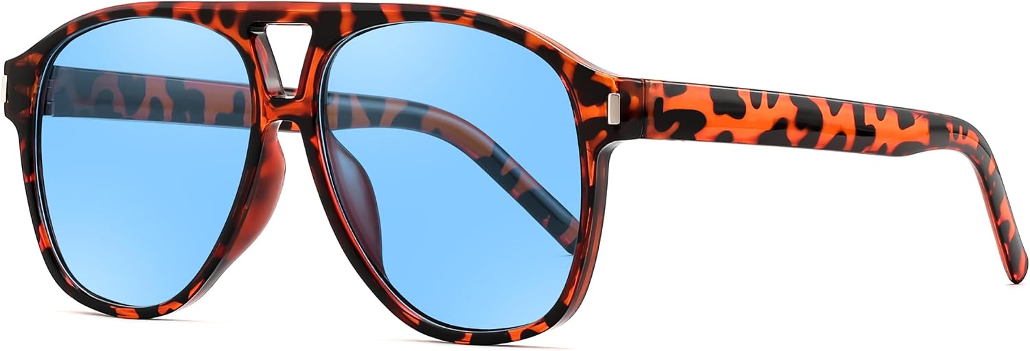 Leopard Frame - Blue Lens / 54 Millimeters | B0GXNBT1ZC | FEISEDY Retro Aviator Sunglasses for Women Men Square Sunnies 70s Pilot Style Lightweight UV400 Shades B0421