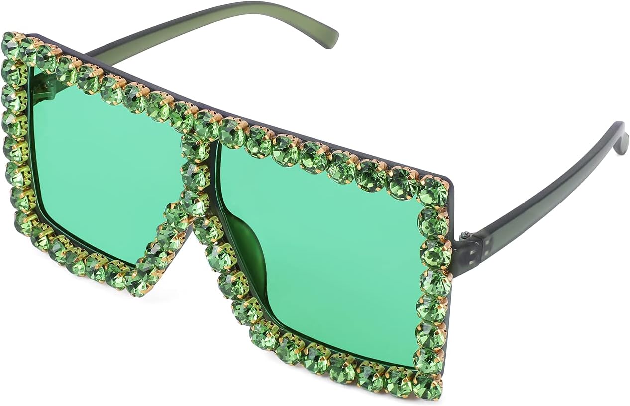 002 Green Diamond & Green Lens / 64 Millimeters | B096Z11QJF | FEISEDY Oversized Sparkling Crystal Sunglasses Disco Diamond Flat Top Fashion Square Large Shades B2782
