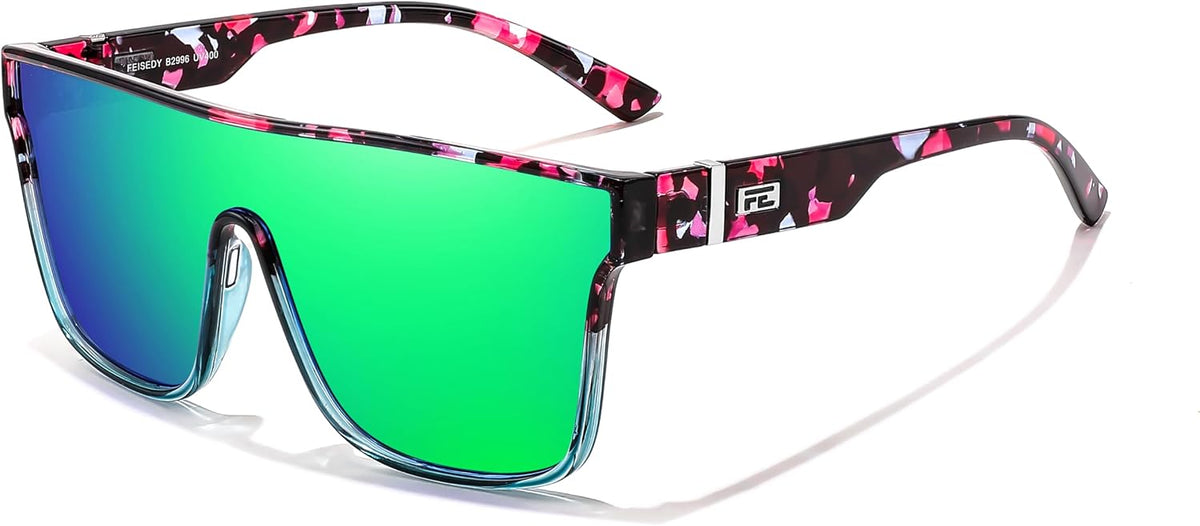 Blue Purple Flower Frame & Green Mirrored Lens / 62 Millimeters | B0CNCTCZQD | FEISEDY Sunglasses for Women Men, Fashion Mirrored Single Lens Shades