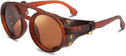 Brown / 48 Millimeters | B07ZNY3QF6 | FEISEDY Retro Round Steampunk Sunglasses Women Men Leatherwear B2532