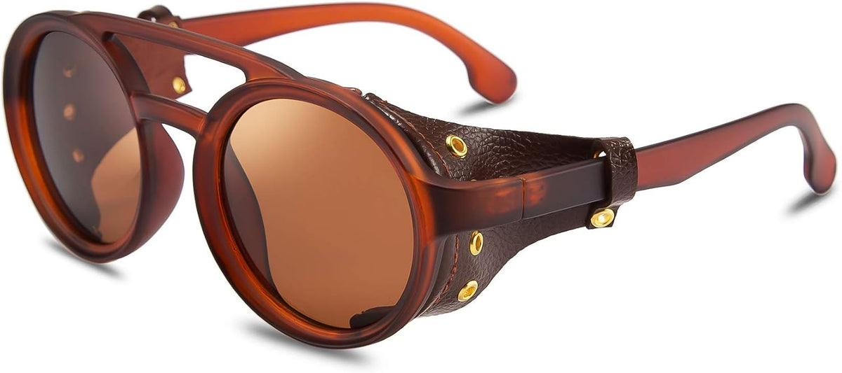Brown / 48 Millimeters | B07ZNY3QF6 | FEISEDY Retro Round Steampunk Sunglasses Women Men Leatherwear B2532