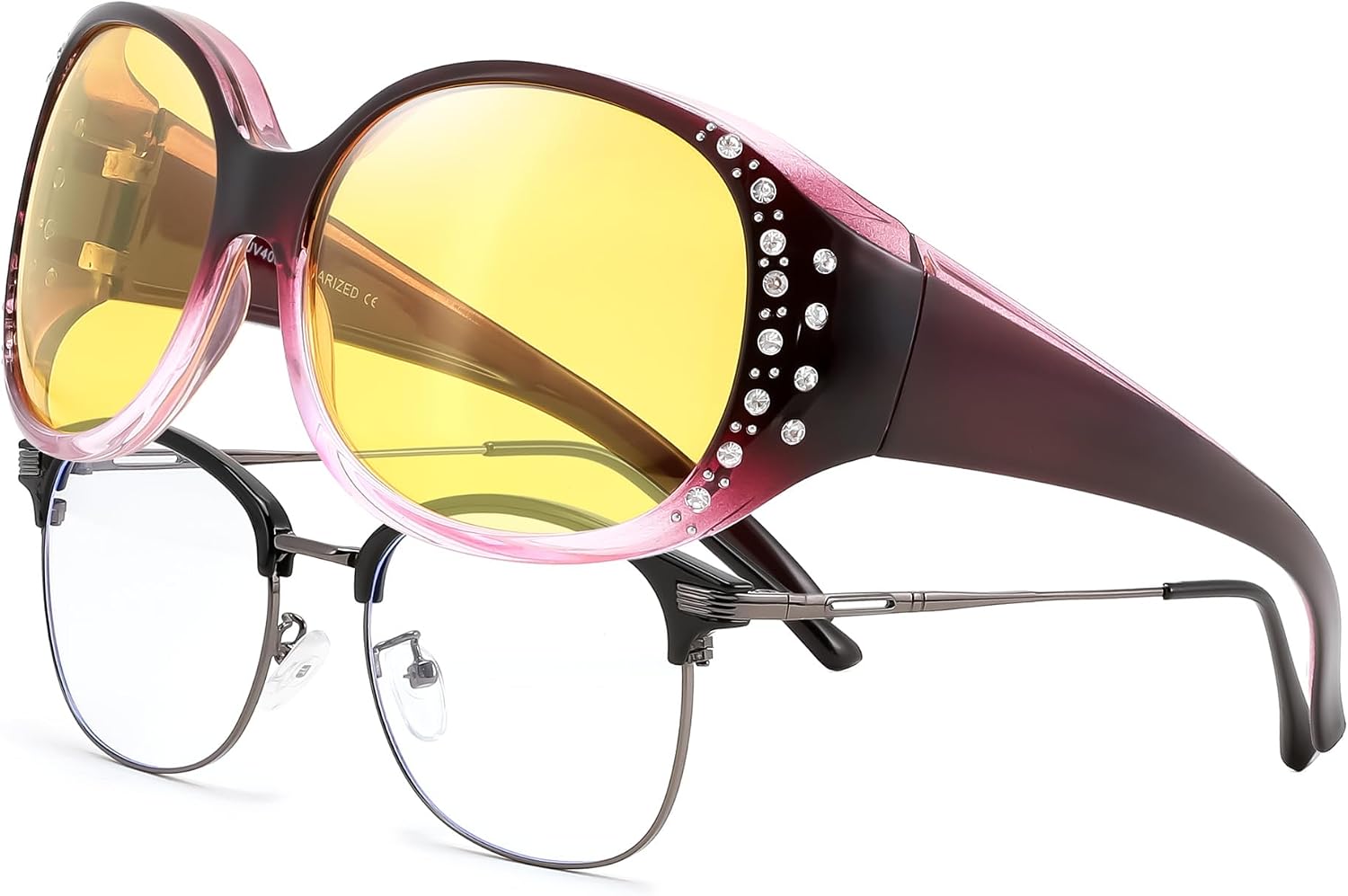 Gradual Purple/Black / 61 Millimeters | B0GRVWJ5K1 | FEISEDY Women's Polarized Wrap-Around Fit Over Sunglasses with Rhinestones, Anti-Glare Driving Sun Glasses B0362