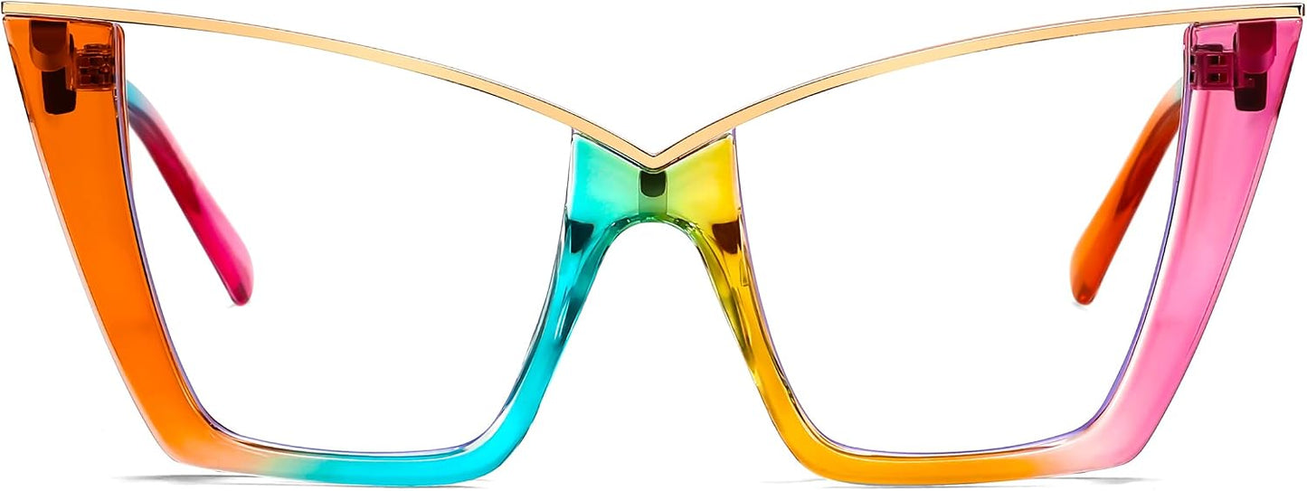 Iridescent / 50 Millimeters | B0DGX662GK | FEISEDY Fashion Cat Eye Blue Light Blocking Glasses for Women Fake Retro Eyeglasses Oversized Stylish Eyewear Frame B0240