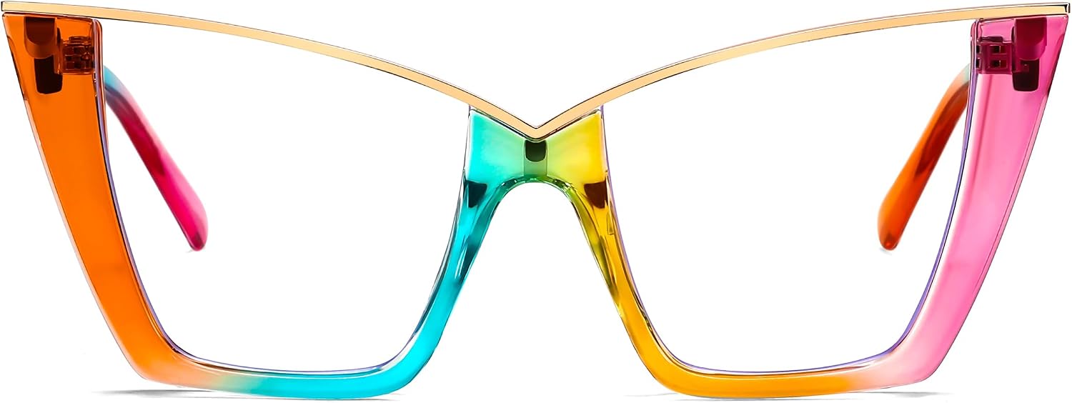 Iridescent / 50 Millimeters | B0DGX662GK | FEISEDY Fashion Cat Eye Blue Light Blocking Glasses for Women Fake Retro Eyeglasses Oversized Stylish Eyewear Frame B0240