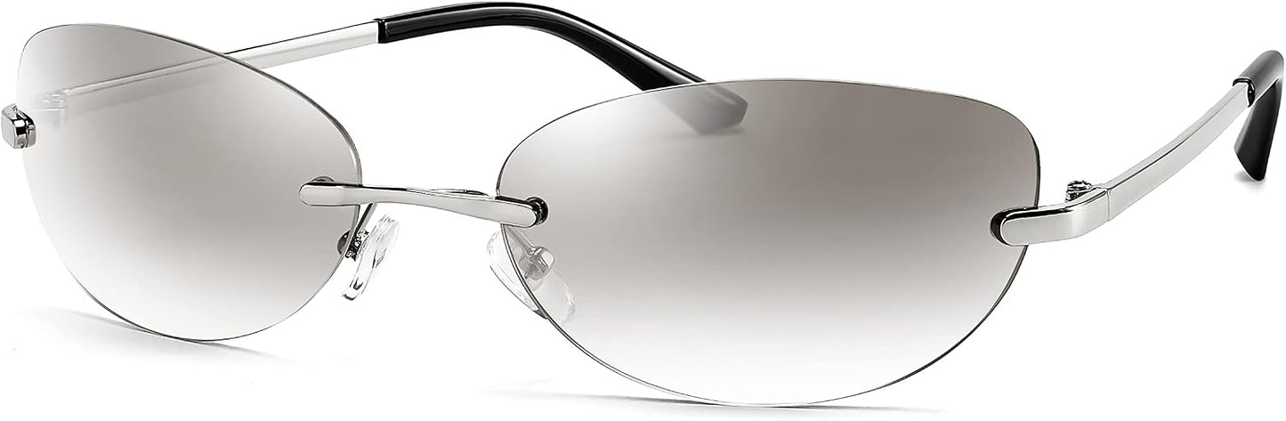 002 Silver Frame | Clear Silver Lens / 62 Millimeters | B0BZP9BCDM | FEISEDY Trendy Rimless Oval Sunglasses for Women Men Retro 90s Eyewear Frame Y2K Glasses B2393