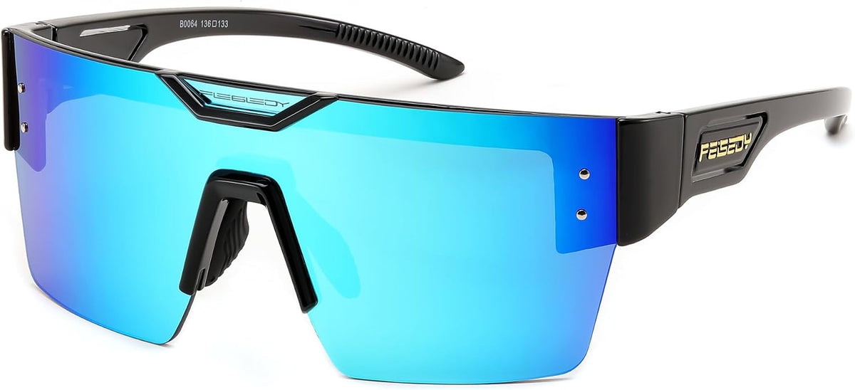 Black Frame Blue Mirror Lenses / 65 Millimeters | B0D4Y4M7S7 | FEISEDY Sunglasses Men Women, Big Oversized Square Frame,UV400 Mirrored Sun Glasses, Cycling Driving Fishing Hiking B0064