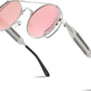 Silver Frame With Pink and Silver Lenses / 50 Millimeters | B0BD4N8F9G | FEISEDY Aviator Sunglasses for Men Women Steampunk Round Metal Frame B2351