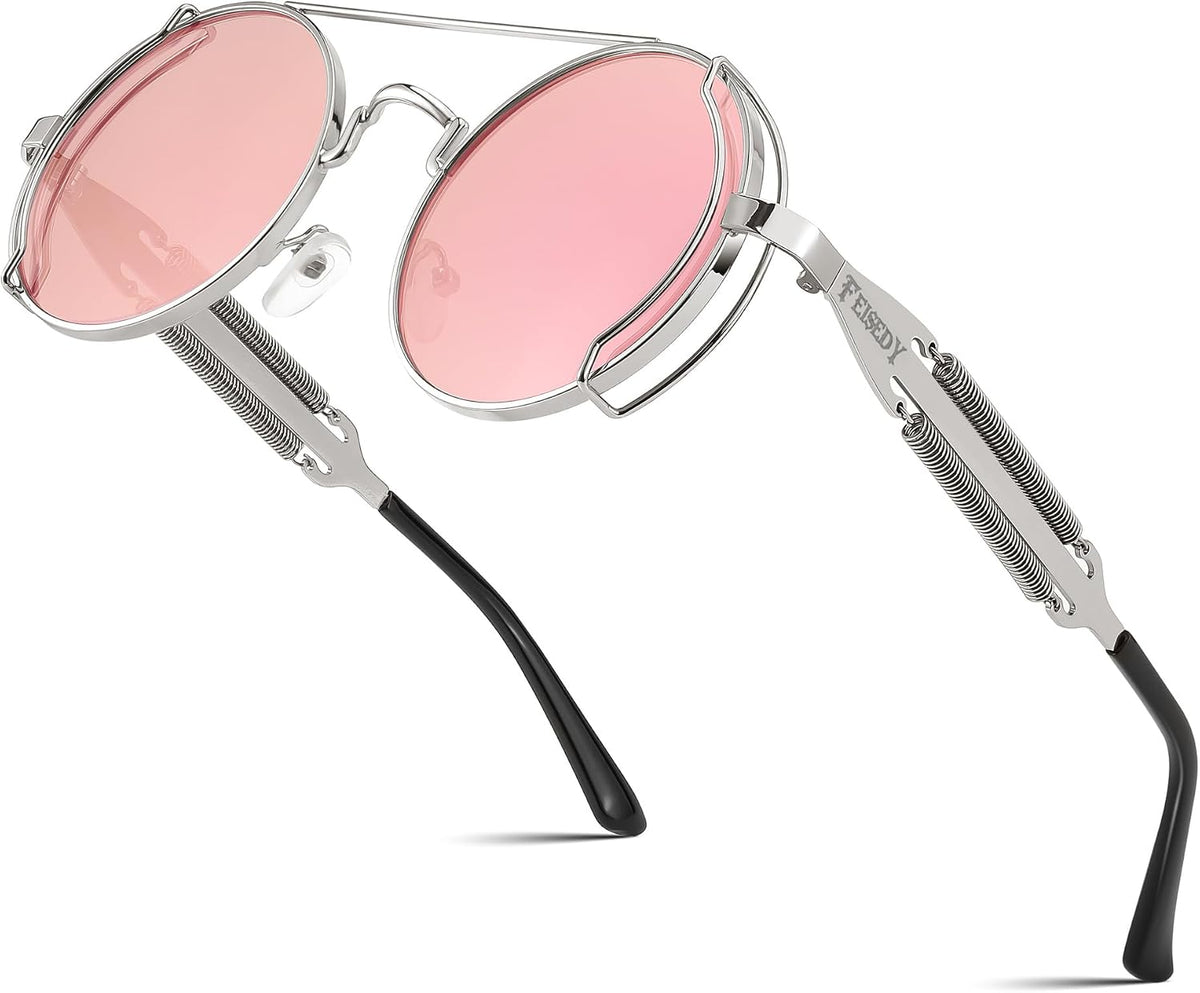 Silver Frame With Pink and Silver Lenses / 50 Millimeters | B0BD4N8F9G | FEISEDY Aviator Sunglasses for Men Women Steampunk Round Metal Frame B2351