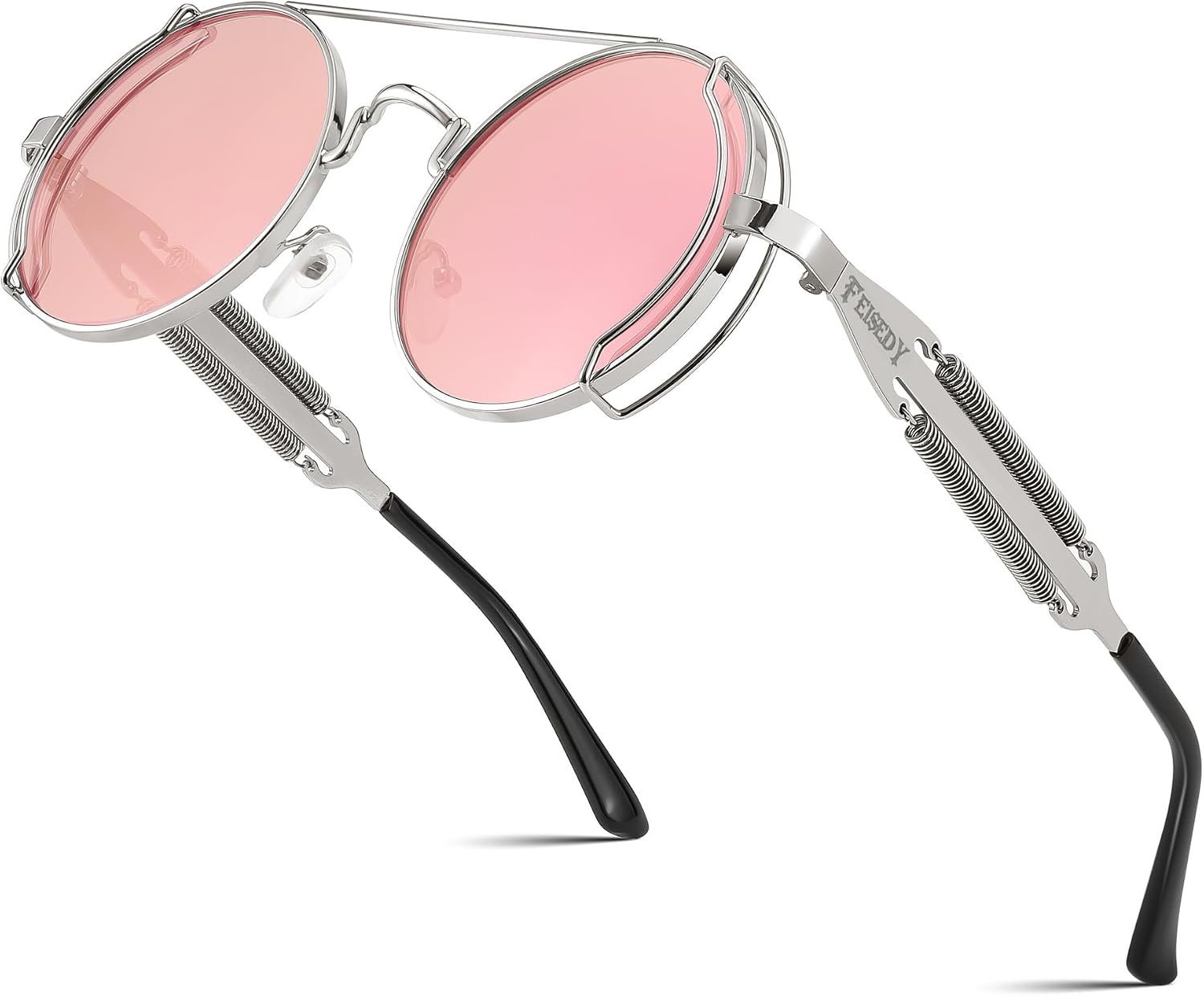 Silver Frame With Pink and Silver Lenses / 50 Millimeters | B0BD4N8F9G | FEISEDY Aviator Sunglasses for Men Women Steampunk Round Metal Frame B2351