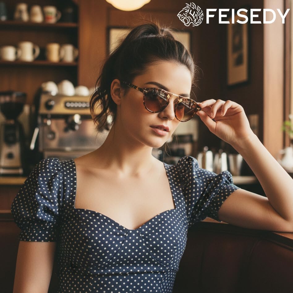 商品图片 34 | B0GX62YR7C | FEISEDY Retro Round Metal Brow Sunglasses for Women for Small Face B0427