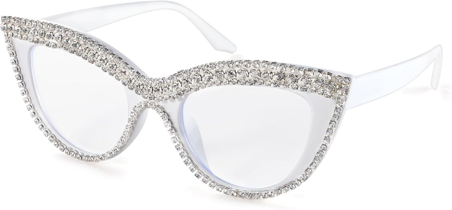 White Diamond / 51 Millimeters | B0CPBJ3MBR | FEISEDY Diamond Blue Light Blocking Glasses Cat Eye Rhinestone Women Oversized Anti Eyestrain Computer Glasses Frame B2358