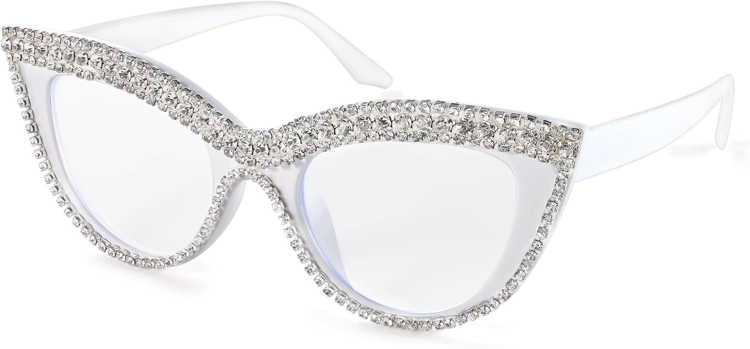 White Diamond / 51 Millimeters | B0CPBJ3MBR | FEISEDY Diamond Blue Light Blocking Glasses Cat Eye Rhinestone Women Oversized Anti Eyestrain Computer Glasses Frame B2358
