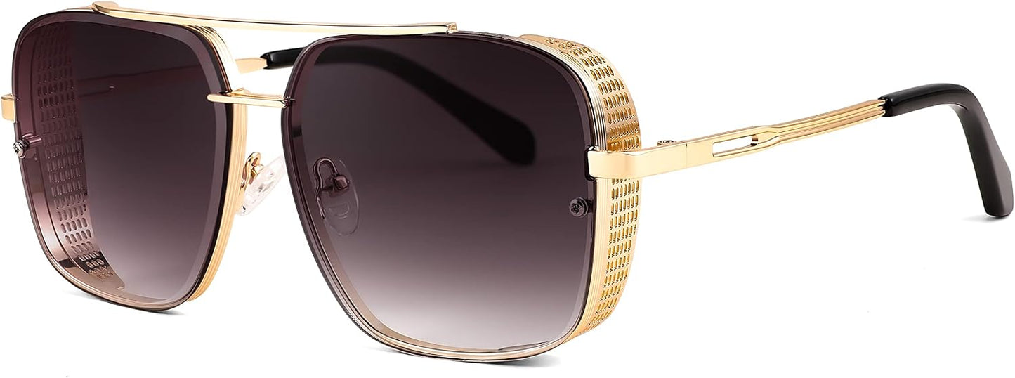Gold Gradient Black / 55 Millimeters | B0BS1BXRX6 | FEISEDY Sunglasses Mens Women Vintage Pilot Square Trendy Metal Steampunk Fishing Driving Sun Glasses B2894