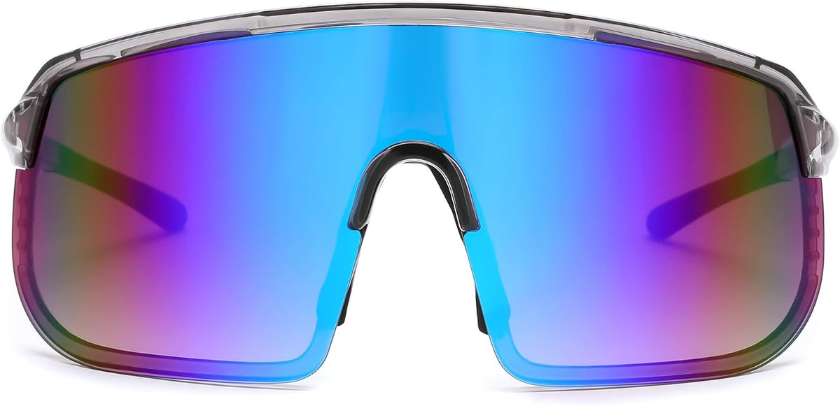 Clear Grey Frame Blue Mirrored Lens / Large | B0DGTVFYBC | FEISEDY Sports Sunglasses for Men and Women, Large Rectangular Lens, Baseball Cycling Running Sunglasses B0243