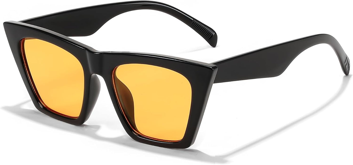 Black Frame & Orange Lens / 52 Millimeters | B0DMRX96P6 | FEISEDY Vintage Square Cat Eye Sunglasses Women Trendy Cateye Sunglasses B2473