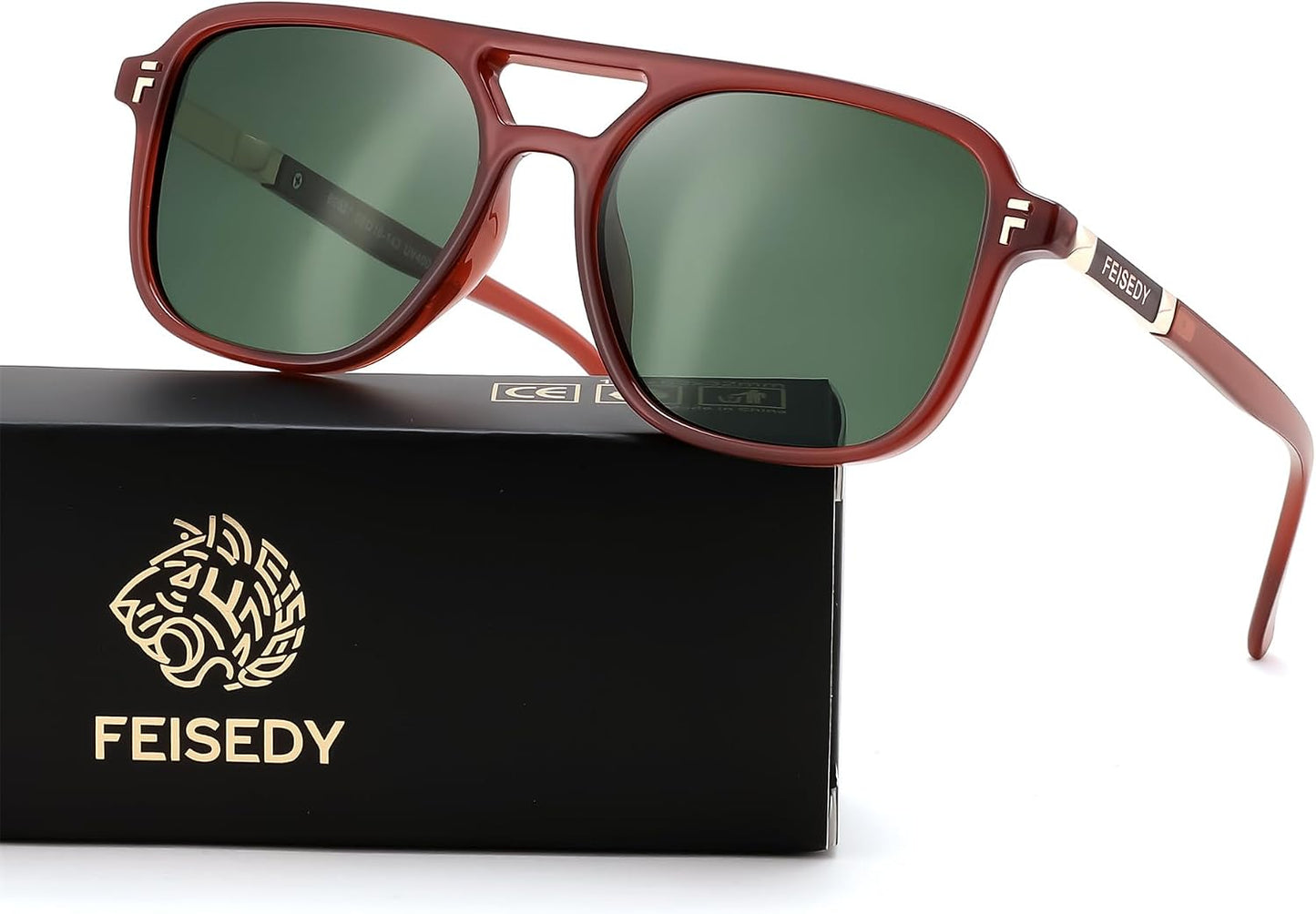 Caramel Brown Frame Green Lens / 53 Millimeters | B0H2VD2GNV | FEISEDY Retro Polarized Aviator Square Sunglasses for Women Men UV400 B0357