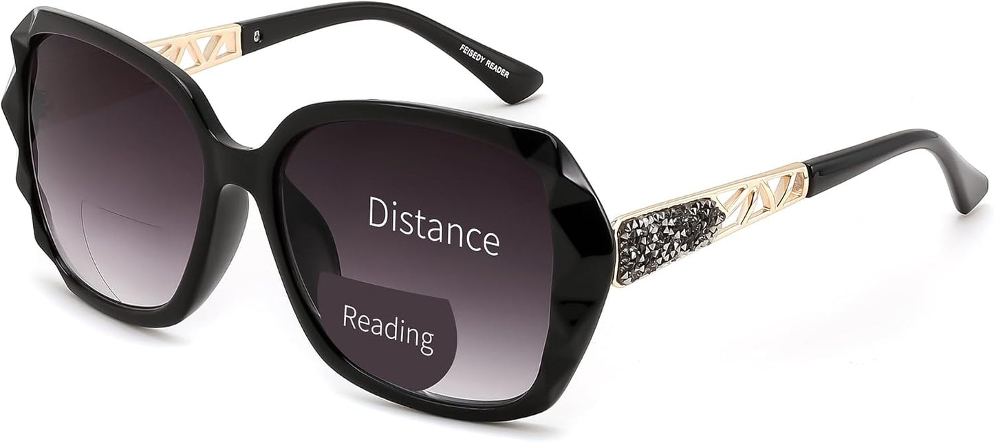 Black / 1.5 x | B0GSW5MKSM | FEISEDY Oversized Butterfly Bifocal Sunglasses Reader for Women B0353