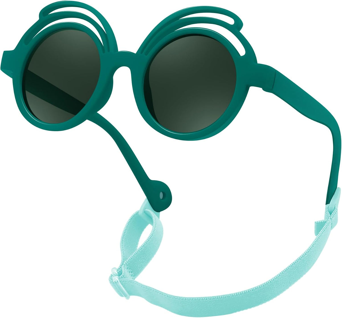 Dark Green Frame | Green Lens / 39 Millimeters | B0CQC4X518 | FEISEDY Baby Polarized Round Sunglasses Flexible Rubber Shades with Strap for Infant Toddler Newborn Age 0-24 Months B0060