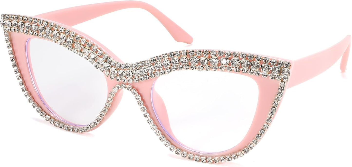 Pink Diamond / 51 Millimeters | B0CPBJ6GJF | FEISEDY Diamond Blue Light Blocking Glasses Cat Eye Rhinestone Women Oversized Anti Eyestrain Computer Glasses Frame B2358
