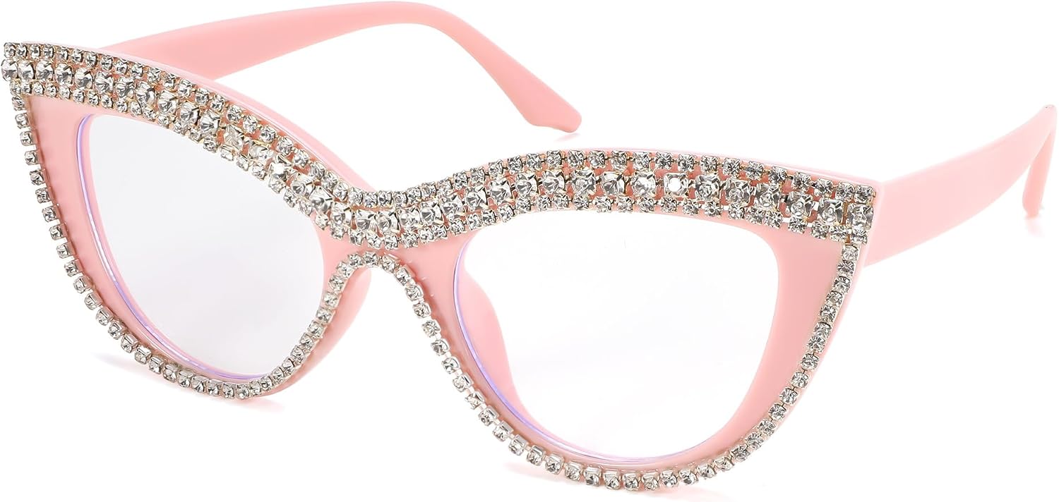 Pink Diamond / 51 Millimeters | B0CPBJ6GJF | FEISEDY Diamond Blue Light Blocking Glasses Cat Eye Rhinestone Women Oversized Anti Eyestrain Computer Glasses Frame B2358