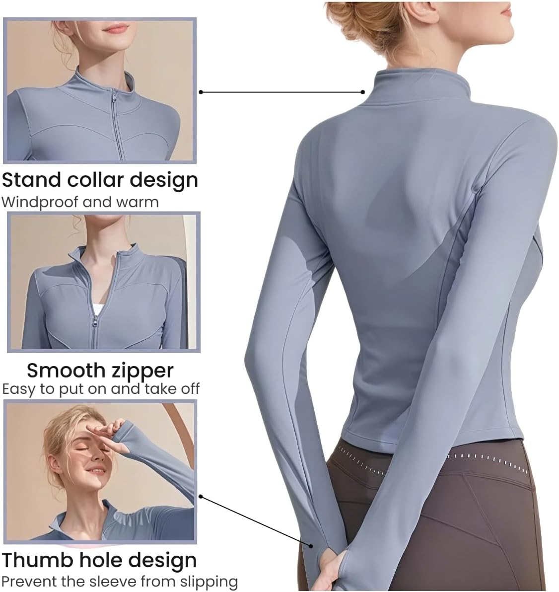 商品图片 3 | B0GFW1PJVL | Athletic Jackets For Women Zip-Up Moisture-Wicking Quick-Dry Lightweight Long Sleeve With Thumb Holes for Yoga, Gym, Running