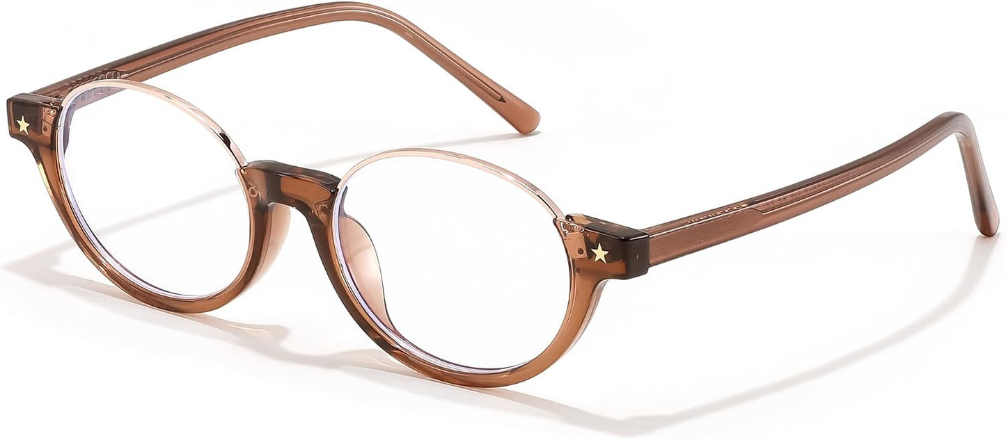 Tea / 52 Millimeters | B0GS9JVKV9 | FEISEDY Trendy Oval Blue Light Glasses for Women Fake Nerd Eyewear Frame Anti Glare B1380