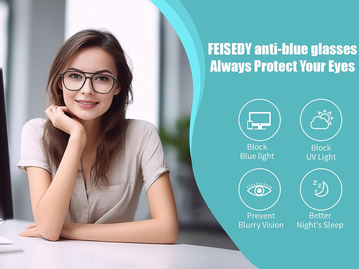 商品图片 2 | B0BYCYNXHJ | FEISEDY Lightweight Pilot Glasses Frame Blue Light Blocking Glasses Women Men Oversized Square Computer Glasses B2387