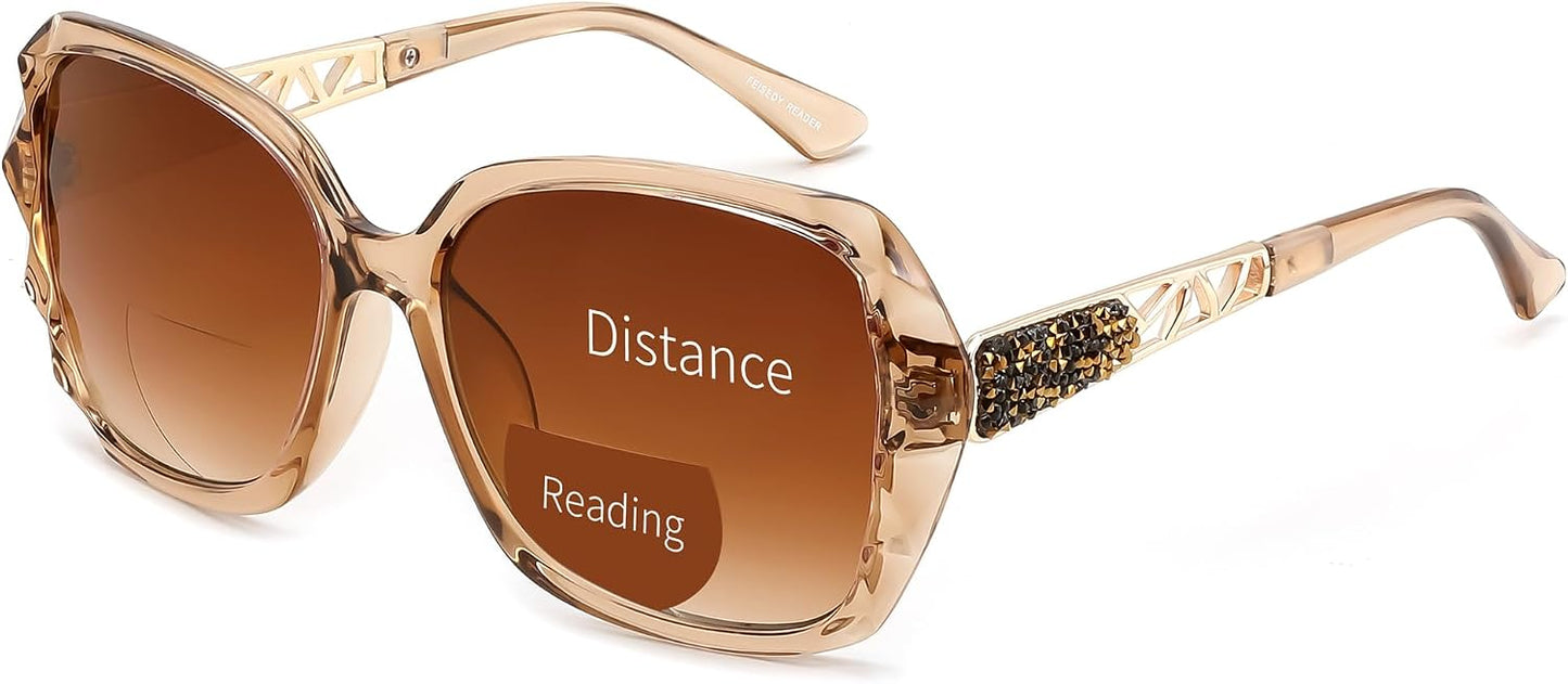 Champagne / 2.0 x | B0GSW77TBL | FEISEDY Oversized Butterfly Bifocal Sunglasses Reader for Women B0353