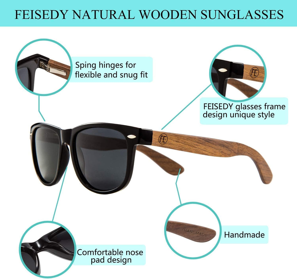 商品图片 35 | B07J2YHS4L | FEISEDY Polarized Wood Sunglasses Women Men HD UV400 Driving Fishing Golf Sunglasses B2448