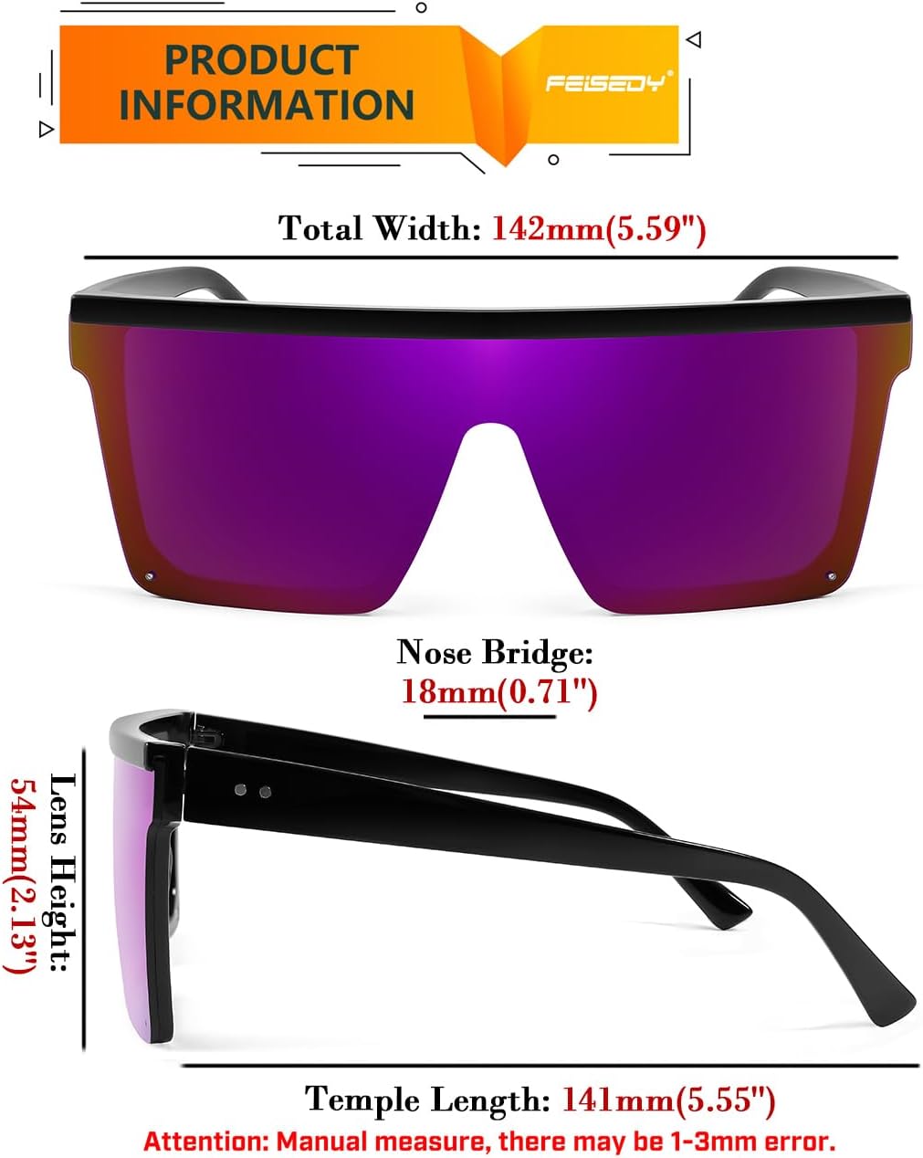 ÉÌƷͼƬ 65 | B09H6XXSDN | FEISEDY Oversized Sunglasses Mens Womens Flat Top Square Trendy Visor Shades UV400 B2470