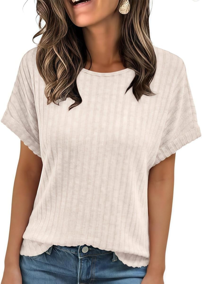 XX-Large | B0GD14HXZR | Short Sleeve Tops for Women, V Neck Sweater Casual Loose-Fit Knit T-Shirt with Textured Ribbed Design Breathable Summer Wear