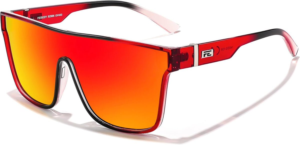 Red Black Frame & Red Mirrored Lens / 62 Millimeters | B0CNCVZ494 | FEISEDY Sunglasses for Women Men, Fashion Mirrored Single Lens Shades