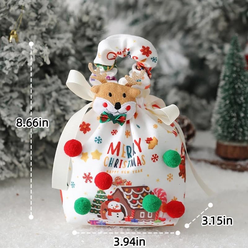 商品图片 7 | B0FYF6NKRV | Fabric Christmas Bags with Plush Ball & Rag Doll, Gift Bags for Christmas Presents, Reusable Fabric Apple Pouch for Candy