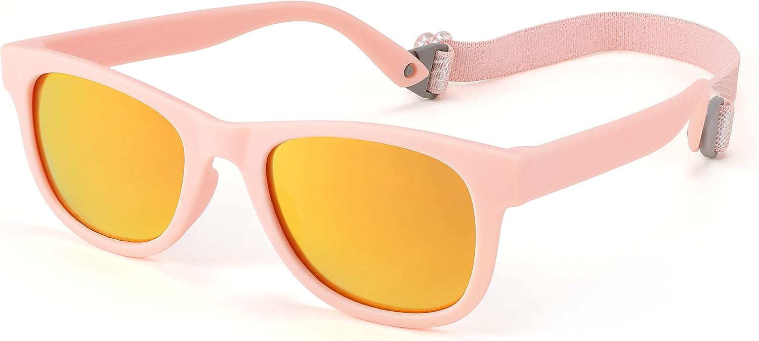 004 Orange Frame/Multicolor Mirrored Lens / 42 Millimeters | B0BQC7KR8R | FEISEDY Kids Polarized Sunglasses Toddler Sunglasses Flexible Frame with Strap for Baby Girls Boys Age 2-8 B2352