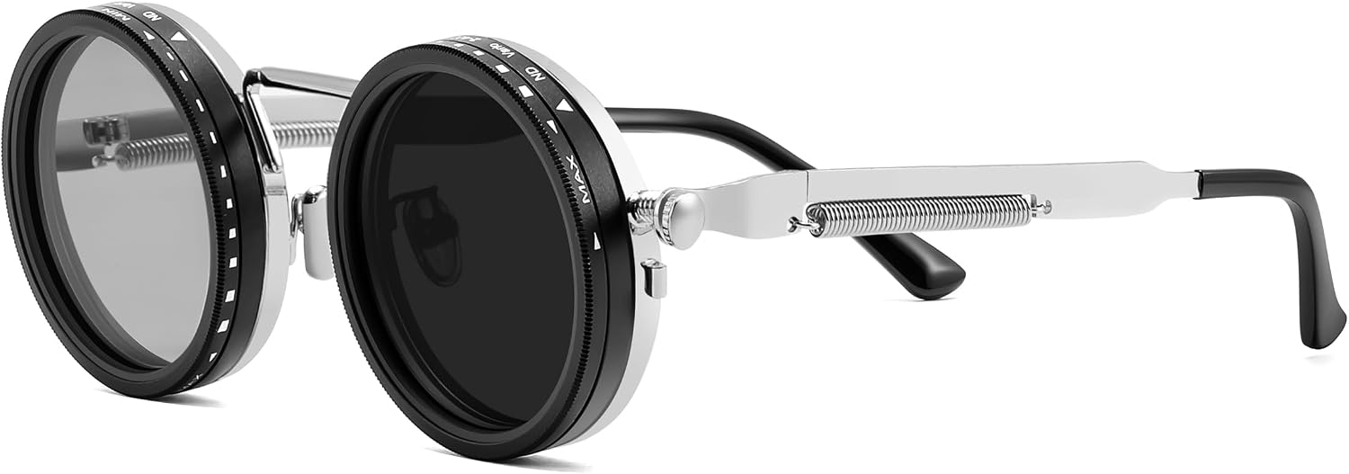 Silver / 46 Millimeters | B0FJZPBQ9Z | FEISEDY Adjustable Sunglasses Polarized Men, Round Metal ND Filter B1400