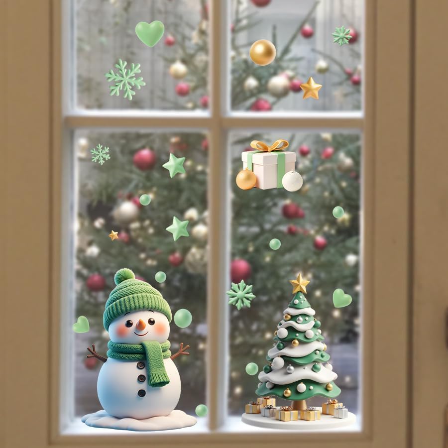 Snowman/Christmas Tree | B0FWRFHWL2 | Christmas Window Clings for Glass, Winter Decor for Christmas with Santa Gifts Snowman Tree Designs Static Cling Stickers