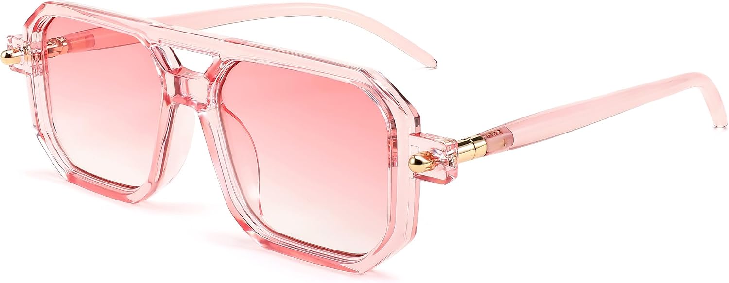 010 Transparent Pink & Gradient Pink Lens / 52 Millimeters | B0CHF8MML2 | FEISEDY Vintage Square 70s Flat Aviator Sunglasses Women Men Classic Retro Stylish Frame UV400 Sunglasses B2622