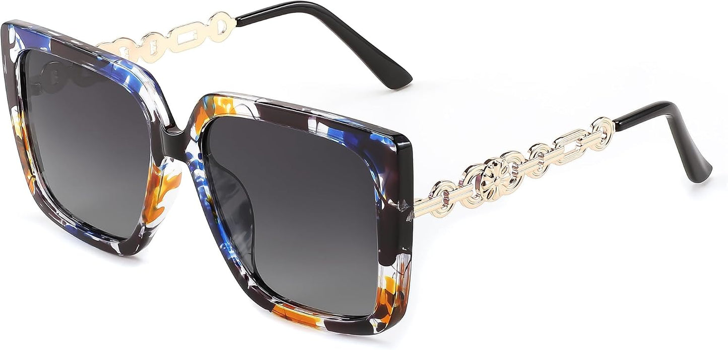 Marble Pattern Frame Polarized Gradient Grey Lens / 55 Millimeters | B0CNGG5QBY | FEISEDY Sunglasses Womens Trendy, Oversized Square Shades, Pearl Inlay Cat Eye Frame UV400 Protection B2625