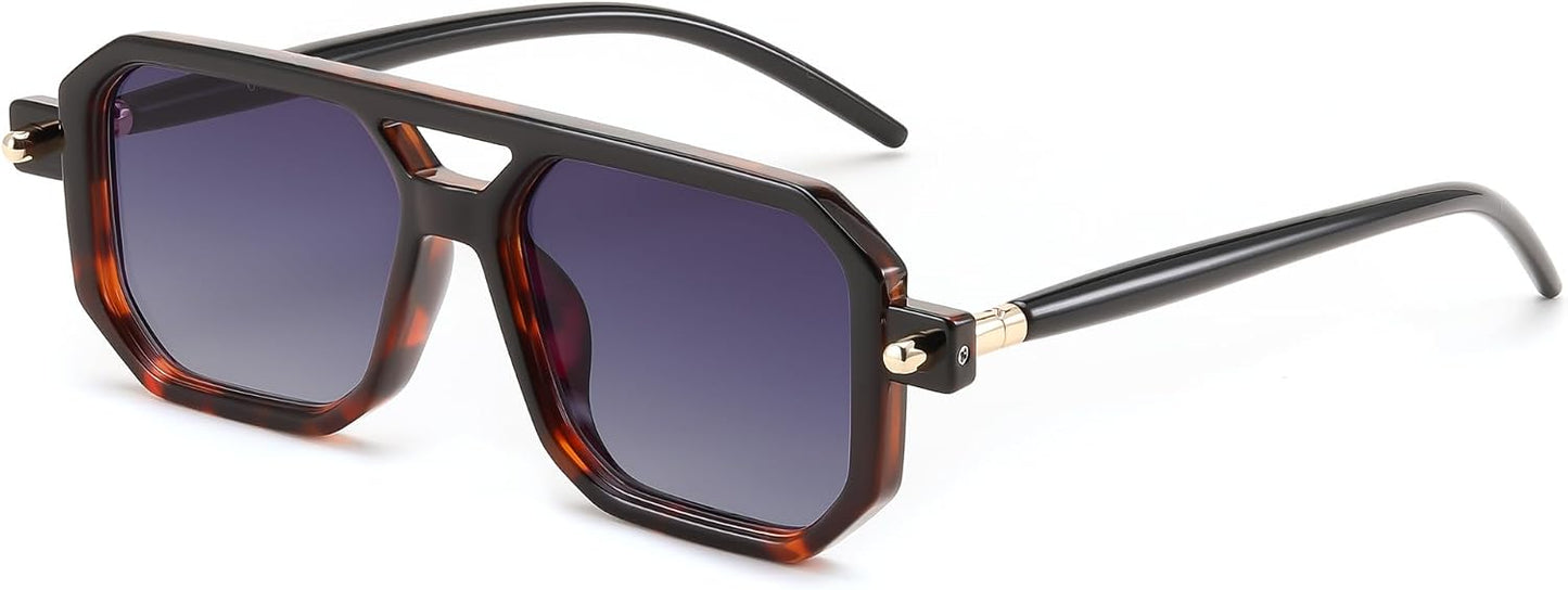 016 Black - Leopard Frame & Gradient Blue Lens / 52 Millimeters | B0CYLDBMTM | FEISEDY Vintage Square 70s Flat Aviator Sunglasses Women Men Classic Retro Stylish Frame UV400 Sunglasses B2622